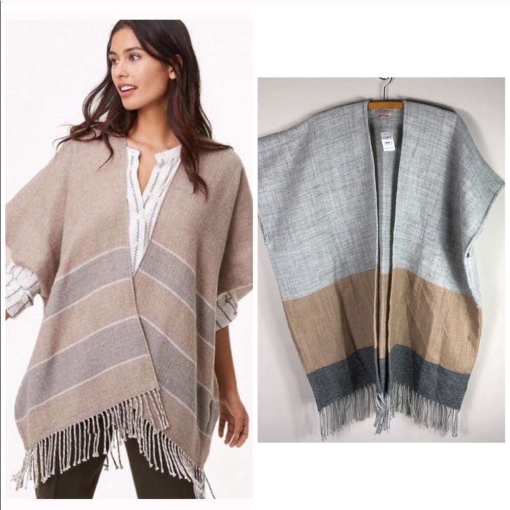 NEW LOFT Fringed Poncho Neutral Wrap Stripe 827
